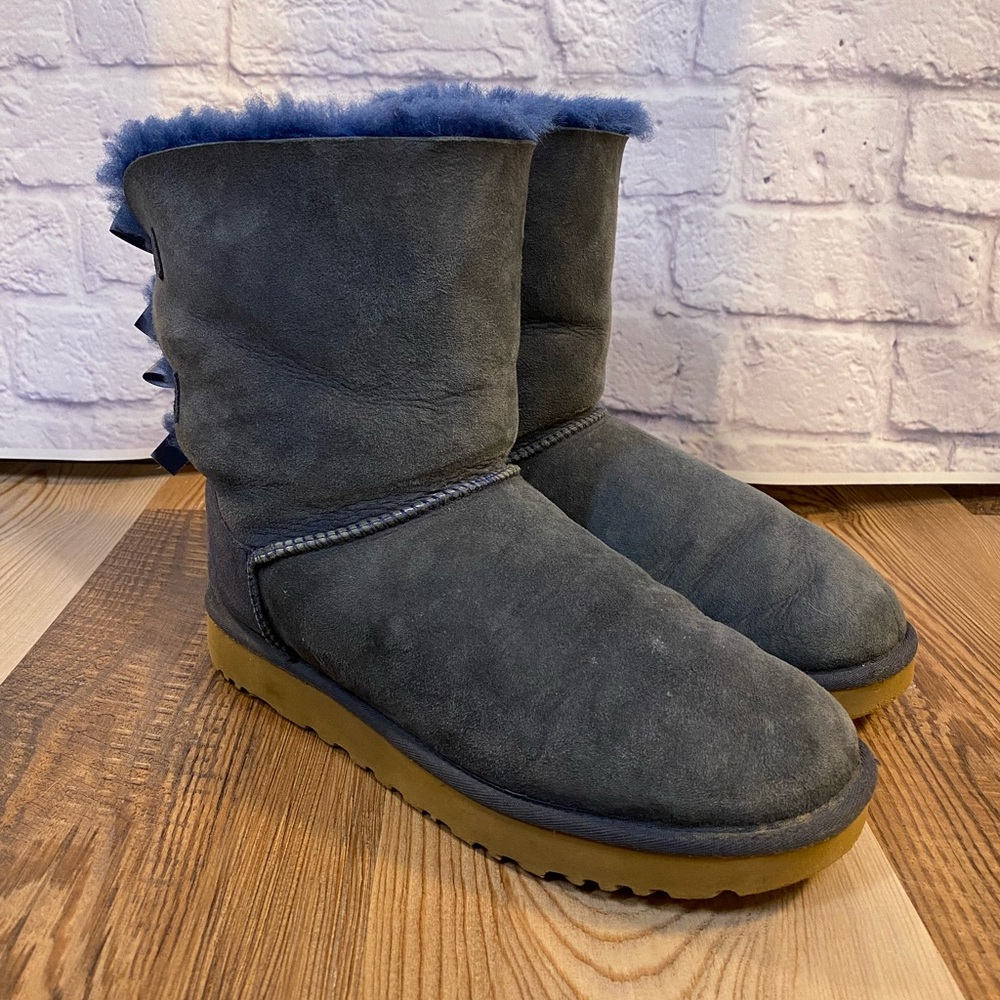 UGG Gray Suede Shearling Short Boots with Blue Trim